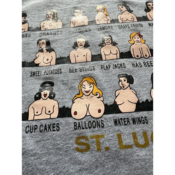 Vintage St Lucia Shirt Graphic Cartoon Boobs Fruit Tee Gray L Adult Humor Sex - Picture 3 of 8